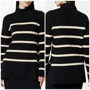 The Drop Women XL Black Striped Ribbed Turtleneck Sweater Side Slit Quiet Luxury